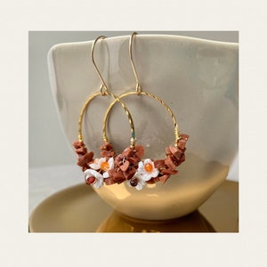 24k gold-plated hoop earrings with beads of sandstone, carnelian, and zircon