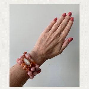 Bracelets set with pink jade, pink opal orange jade agate and 14k goldfilled elements