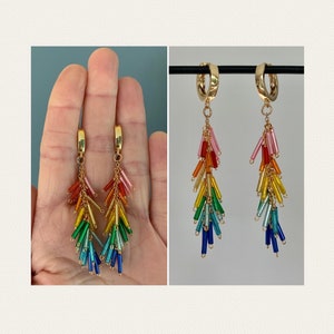Earrings as rainbow feathers on luxurious 18k gold plated earrings