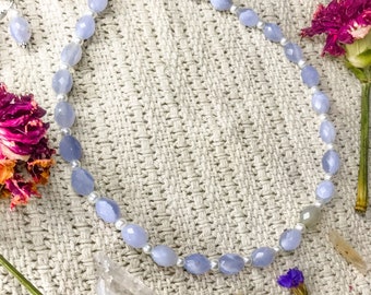 Marina Necklace Blue Lace Agate & Glass Pearls Handmade Crystal Jewelry