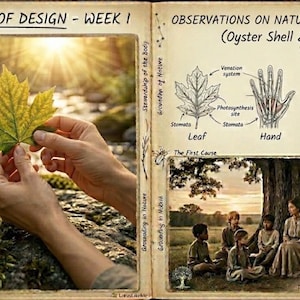 May include: An open book titled The Beauty of Design - Week 1 featuring a photograph of a green maple leaf held over a stream, a diagram comparing a leaf, hand, and oyster shell, and a photograph of a group sitting under a large tree.