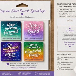 May include: A set of four 2x2 inch acrylic magnets with inspirational messages: "Keep moving forward," "You are loved," "Be awesome to each other," and "I am a magnet for Wonderful Things." Packaged with a cardstock header and clear resealable bag.