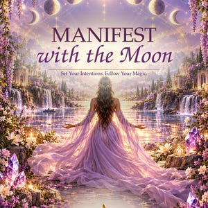 Pode incluir: Uma ilustração digital de uma pessoa com um vestido lavanda fluido em frente a um lago, com o texto "MANIFEST with the Moon" e "Set Your Intentions. Follow Your Magic." acima, e "Naturallyyou AWAKEN HEAL RECONNECT" na parte inferior.
