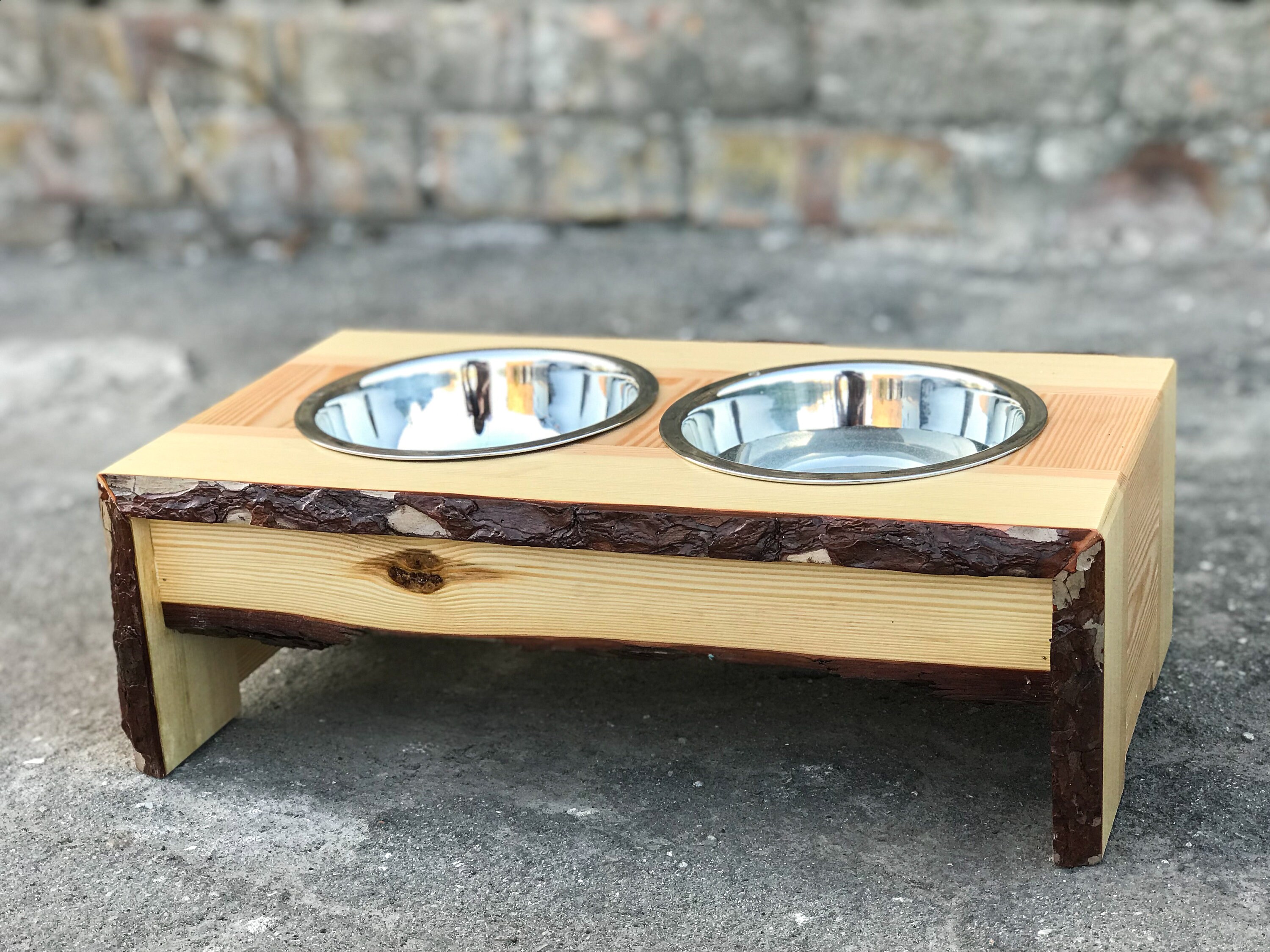 Stand de Mangeoire Chien, Support Cuvette d'animal Familier, en Bois Normal, Double, Bol Augmenté, M