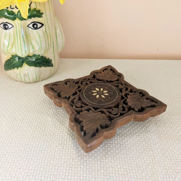 Beautiful Indian hand carved wooden trivet/pot/plant stand, eco living natural materials wood eclectic sustainable zero waste decor home