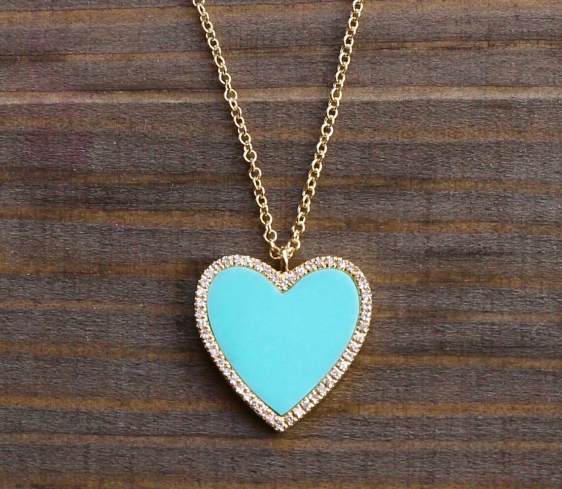 Large Turquoise Heart With Diamonds 14K Yellow Gold Necklace Etsy