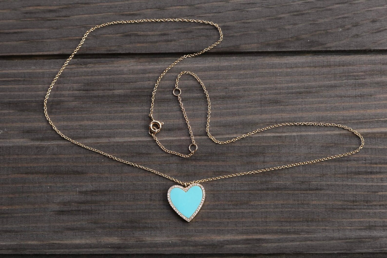 Large Turquoise Heart With Diamonds 14K Yellow Gold Necklace Etsy