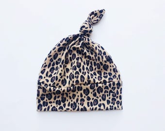 Leopard Print Knot Baby Beanie, Soft Cotton Newborn Hat