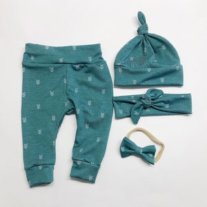 Sage Green arrows triangles Baby Girl Boy Set Leggings Hat Headband Bow Gift Shower Photo Prop newborn Take Home Outfit Birthday Knot Pants