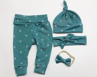 Sage Green arrows triangles Baby Girl Boy Set Leggings Hat Headband Bow Gift Shower Photo Prop newborn Take Home Outfit Birthday Knot Pants