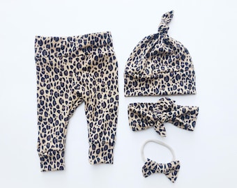 Leopard Cheetah spots Baby Girl Boy Set Leggings Hat Headband Bow Gift Shower Photo Prop newborn Take Home Outfit Birthday Knot Soft Pants
