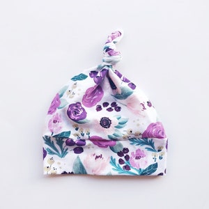 White Floral Purple knot hat beanie baby toddler infant girl take home photo prop gift baby shower birthday accessory soft Cotton peonies