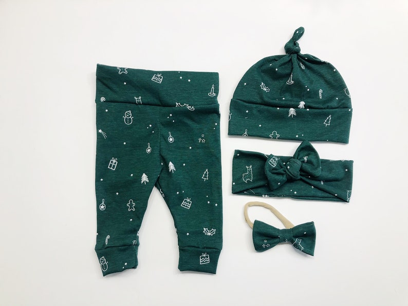 SALE emerald green Christmas llama tree Baby Girl Boy Set Leggings Hat Headband Bow Gift Shower Photo newborn Take Home Outfit Knot Pants