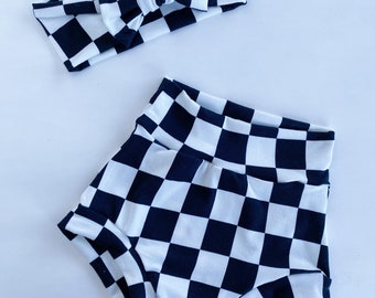 Black & White Checkered Bummies Shorts Baby Boy Girl Set Headband Gift Shower Photo Prop newborn Take Home Outfit Birthday Knot Pants Summer