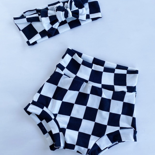 Black & White Checkered Bummies Shorts Baby Boy Girl Set Headband Gift Shower Photo Prop newborn Take Home Outfit Birthday Knot Pants Summer