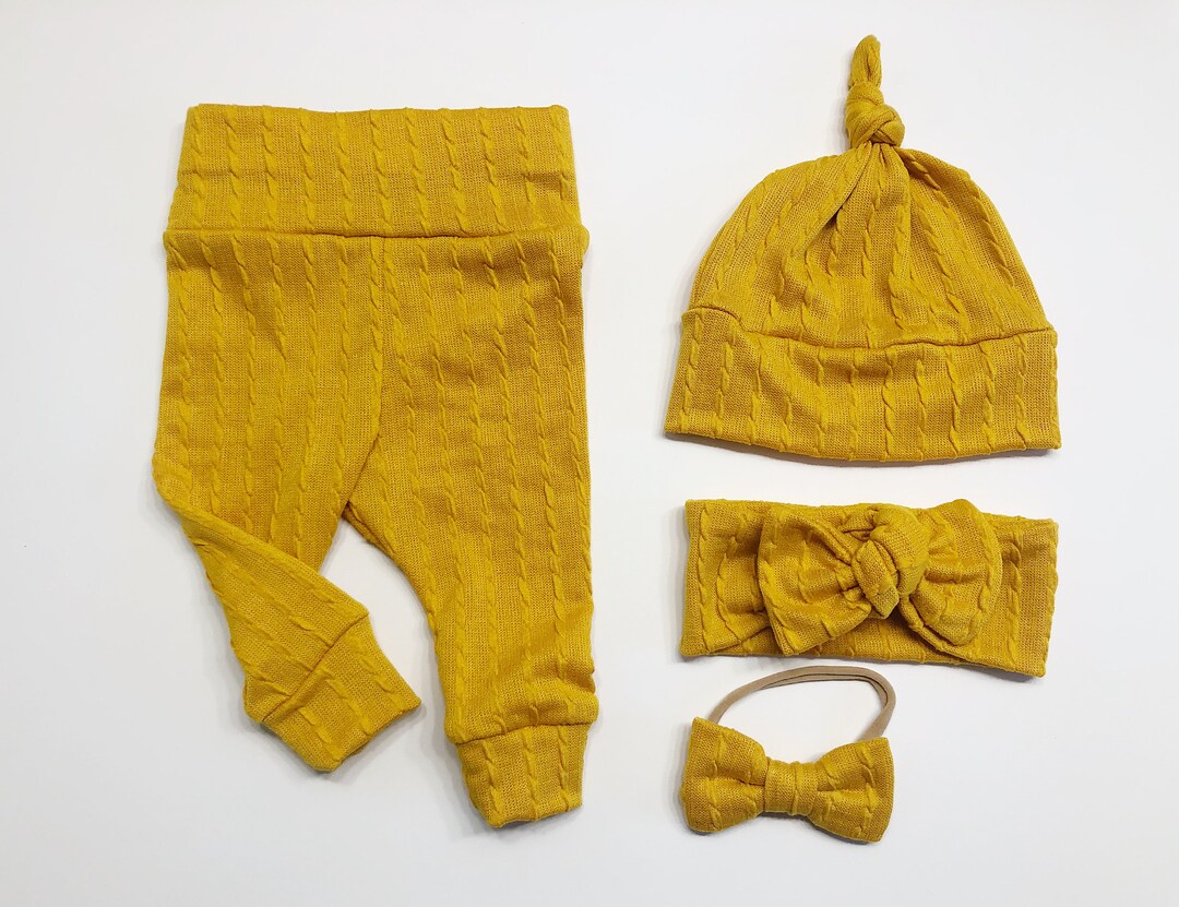 Mustard Yellow Ruffle Baby Girl Boy Set Leggings Hat Headband Bow Gift Baby Shower Photo Prop