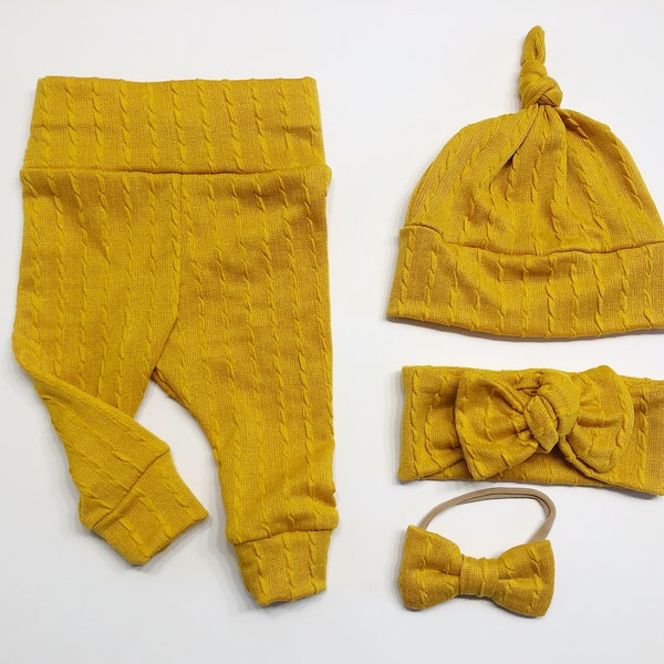 Mustard Yellow Ruffle Baby Girl Boy Set Leggings Hat Headband Bow Gift Baby Shower Photo Prop newborn Take Home Outfit Birthday Knot Pants