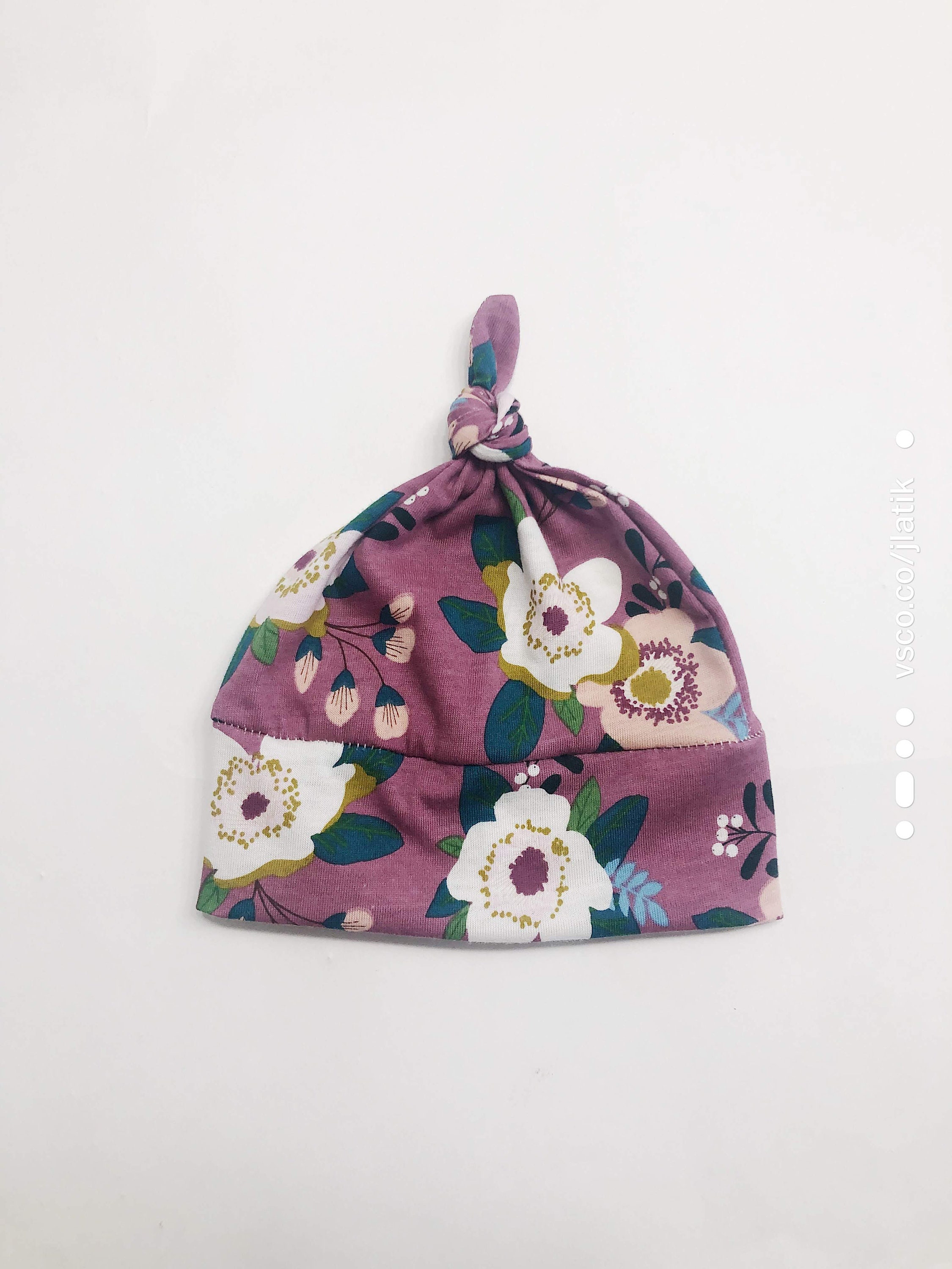 Floral Knot Baby Beanie - White, Mauve Purple Cotton Jersey 