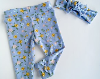 Blue wildflower floral yellow pink Baby Girl Set Leggings Hat Headband Gift Shower Photo Prop newborn Take Home Outfit Birthday Knot Pants