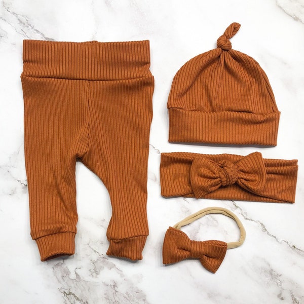 Burnt orange fall Ribbed Baby Girl Set Legging Hat Headband Bow Gift Baby Shower Photo Prop newborn Take Home Outfit Birthday Knot Pant Clip
