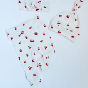 Cherry Ribbed White Baby Girl Set Leggings Hat Headband Bow Gift Shower Photo Prop newborn Take Home Outfit Birthday Pants Summer Cherries