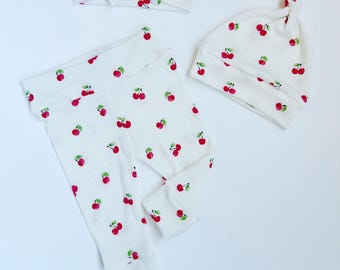 Cherry Ribbed White Baby Girl Set Leggings Hat Headband Bow Gift Shower Photo Prop newborn Take Home Outfit Birthday Pants Summer Cherries