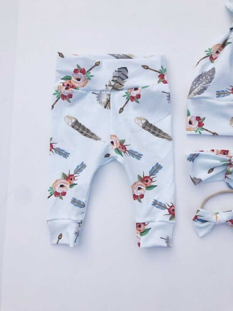 Arrow feather peony floral blue Baby Girl Set Leggings Hat Headband Bow Gift Shower Photo Prop newborn Take Home Outfit Birthday Knot Pants
