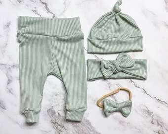 Dusty Green Ribbed Knit Baby Outfit: Leggings, Hat, Headband Set