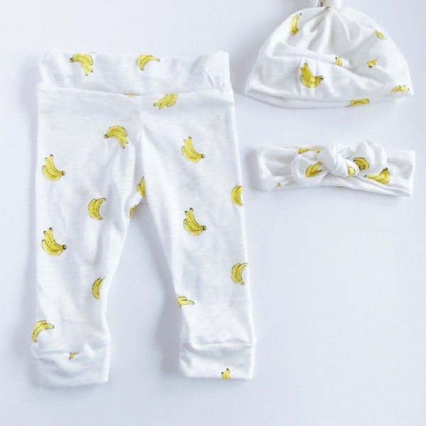 Bananas Baby Girl Boy Set Leggings Hat Headband Bow Gift Shower Photo Prop newborn Take Home Outfit Birthday Knot Pant