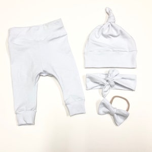 Pure White Baby Girl Boy Set Legging Hat Headband Bow Gift Baby Shower Photo Prop newborn Take Home Outfit Birthday Knot Gender Neutral pant