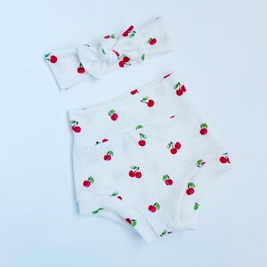 Cherry Ribbed Baby Girl Set Bummies Hat Headband Bow Shorties Gift Shower Photo Prop newborn Take Home Outfit Birthday Summer Cherries