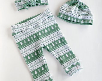 Green Christmas Trees Baby Girl Boy Legging knot Hat Headband Gift Baby Shower Photo Prop newborn Take Home Outfit Birthday Neutral