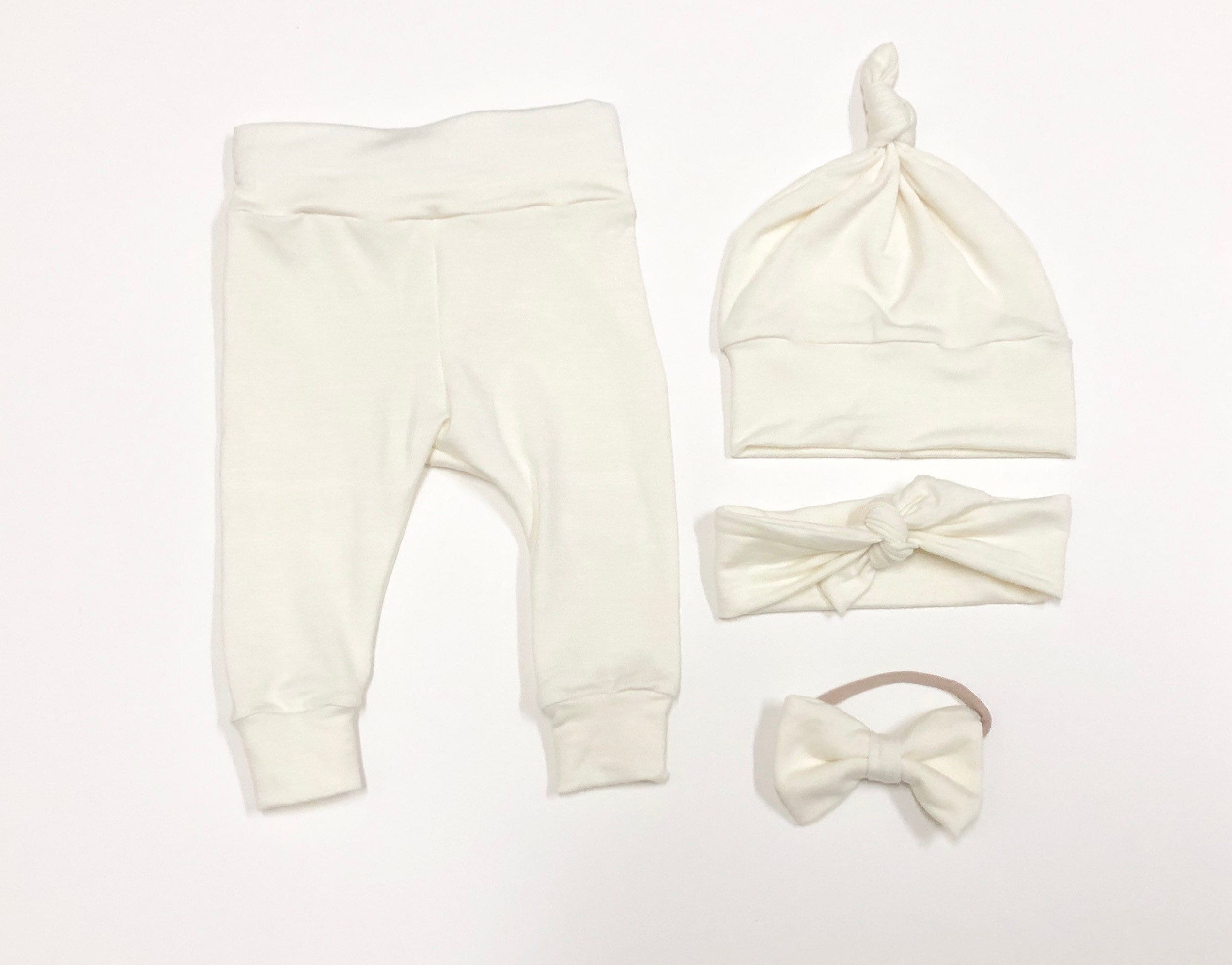 Ivory White Baby Girl Boy Set Legging Hat Headband Bow Gift Etsy