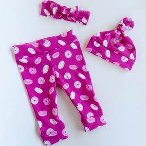 Doughnuts Pink Baby Girl Set Leggings Hat Headband Bow Gift Shower Photo Prop newborn Take Home Outfit Birthday Knot Soft Pants Donuts