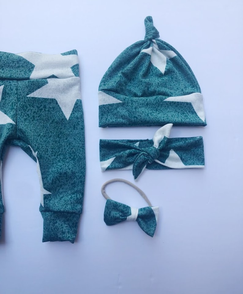 Sage Green Large Stars Baby Girl Boy Set Leggings Hat Headband Bow Gift Shower Photo Prop newborn Take Home Outfit Birthday Knot Pants