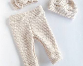 Cable Knit Off-white Beige Baby Girl Boy Set Leggings Hat Headband Bow Gift Shower Photo Prop newborn Take Home Outfit Birthday Knot Pants