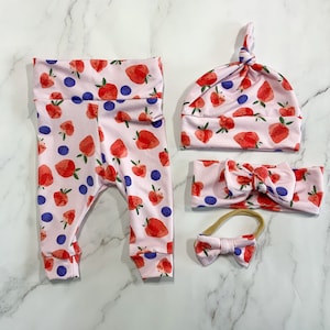Berry strawberry blueberry Summer Baby Girl Set Leggings Hat Headband Bow Gift Shower Photo Prop newborn Take Home Outfit Birthday Knot Pant