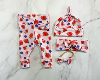 Berry strawberry blueberry Summer Baby Girl Set Leggings Hat Headband Bow Gift Shower Photo Prop newborn Take Home Outfit Birthday Knot Pant