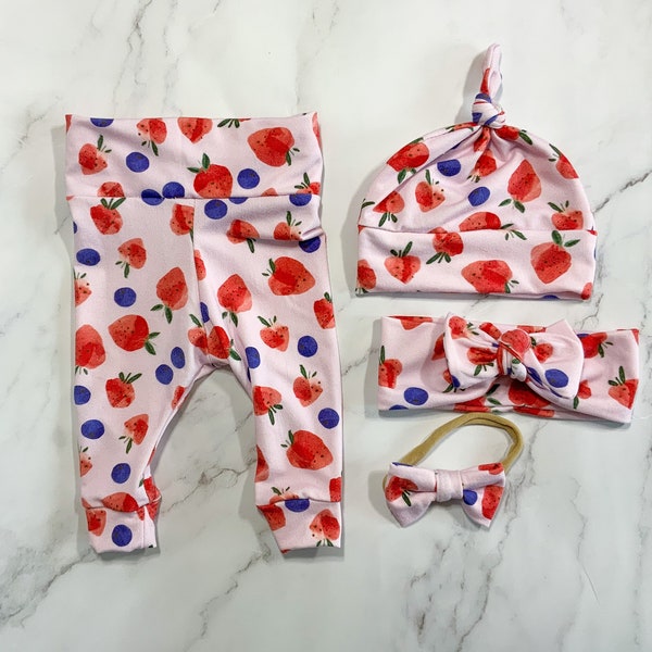 Berry strawberry blueberry Summer Baby Girl Set Leggings Hat Headband Bow Gift Shower Photo Prop newborn Take Home Outfit Birthday Knot Pant