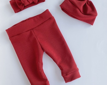 Solid Red Baby Girl Boy Set Leggings Hat Headband Gift Baby Shower Photo Prop newborn Take Home Outfit Birthday Knot Pants neutral Christmas