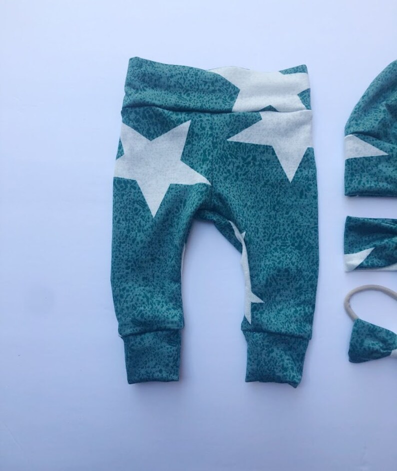 Sage Green Large Stars Baby Girl Boy Set Leggings Hat Headband Bow Gift Shower Photo Prop newborn Take Home Outfit Birthday Knot Pants