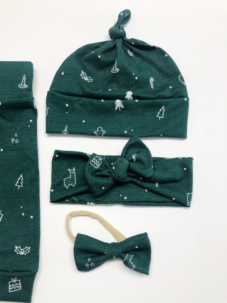 SALE emerald green Christmas llama tree Baby Girl Boy Set Leggings Hat Headband Bow Gift Shower Photo newborn Take Home Outfit Knot Pants