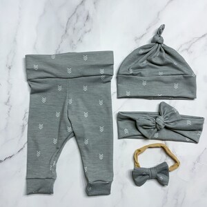 Gray arrows triangles Baby Girl Boy Set Leggings Hat Headband Bow Gift Shower Photo Prop newborn Take Home Outfit Birthday Knot Pant neutral