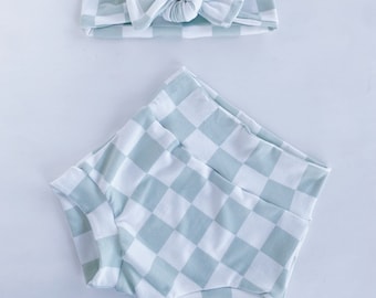 Checkered Baby Bummies with Knot Headband, Summer Outfit