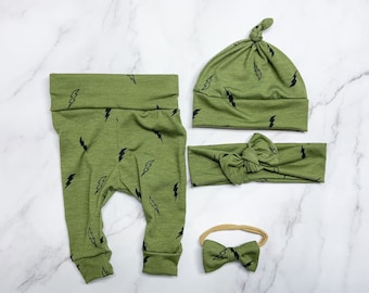 Olive green bolts lightning Baby Girl Boy Set Leggings Hat Headband Bow Gift Shower Photo Prop newborn Take Home Outfit Birthday Knot Pants