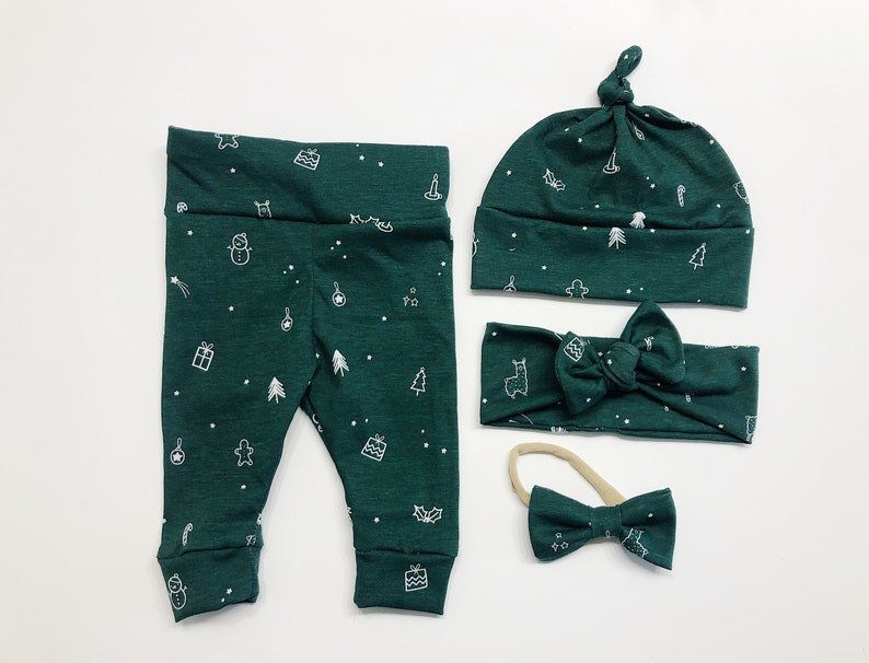 SALE emerald green Christmas llama tree Baby Girl Boy Set Leggings Hat Headband Bow Gift Shower Photo newborn Take Home Outfit Knot Pants