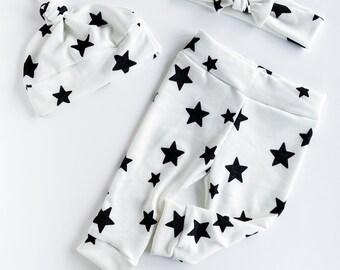 Black and White stars Baby Girl Boy Set Leggings Hat Headband Bow Gift Shower Photo Prop newborn Take Home Outfit Birthday Knot Soft Pants