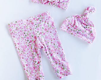 Conjunto floral para niña: leggings, gorro y diadema