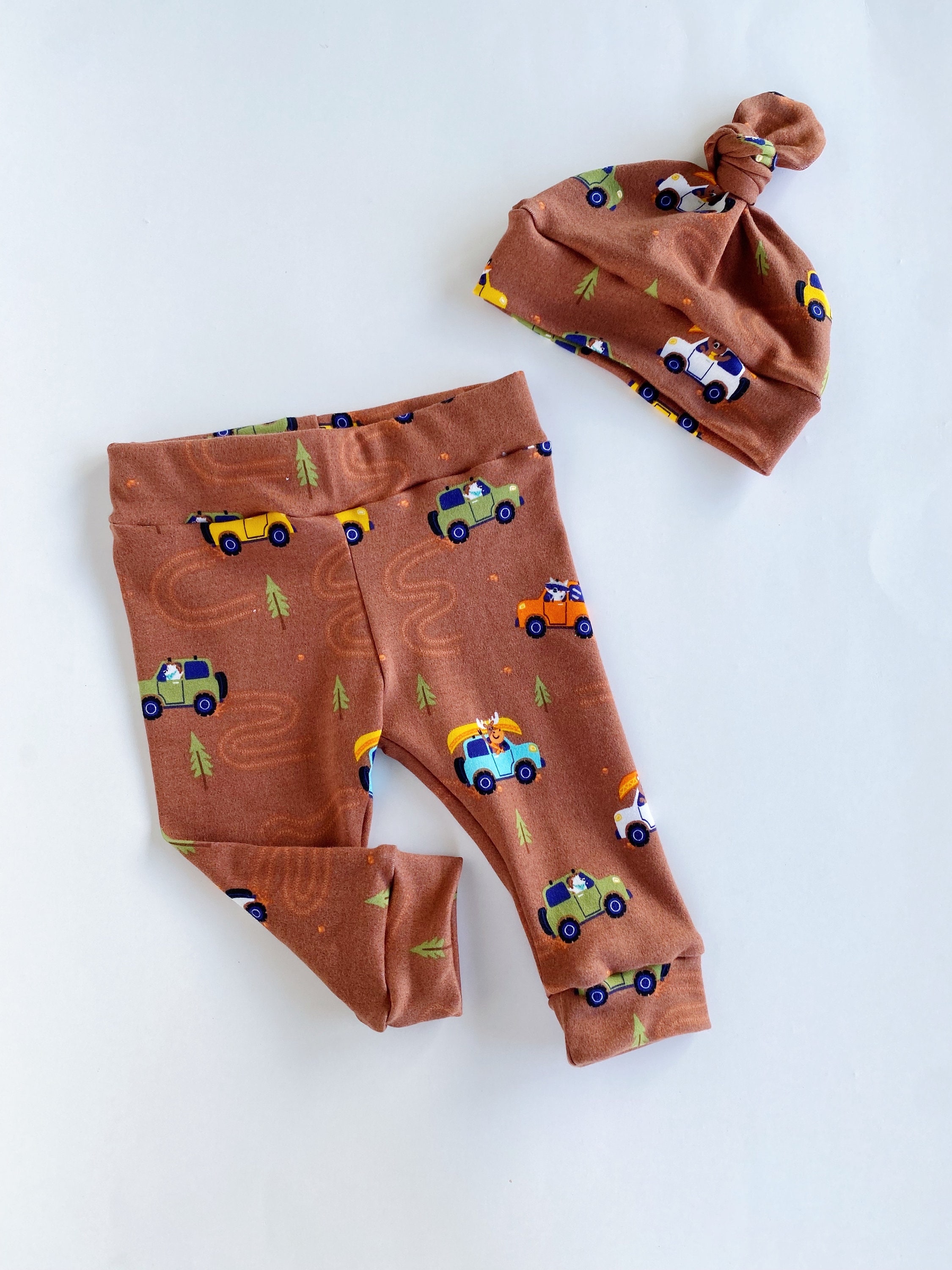 Camping Creatures Trucks Trees Brown Baby boy Set Leggings Hat Headband Gift Shower Photo Prop newborn Take Home Outfit Birthday Knot Pant