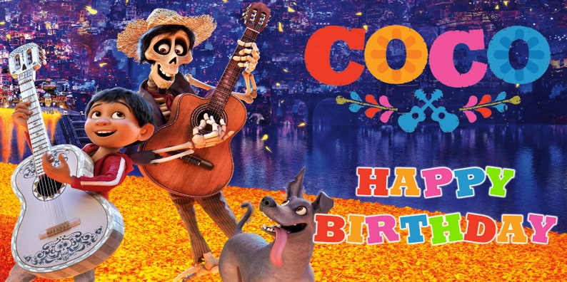 May include: A colorful "Coco" birthday card featuring characters from the Disney Pixar movie. The card shows Miguel, Hector, and Dante playing guitars in front of a cityscape. The text "Happy Birthday" is written in colorful letters.